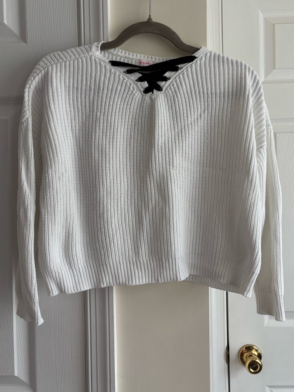 Design History White Knit Sweater with Black Lace-Up Detail